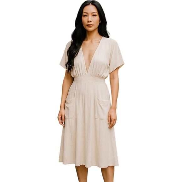 Reformation Midi Dress Linen Blend Plunge V-Neck Texture Knit Ivory XS Stretchy - Picture 1 of 12